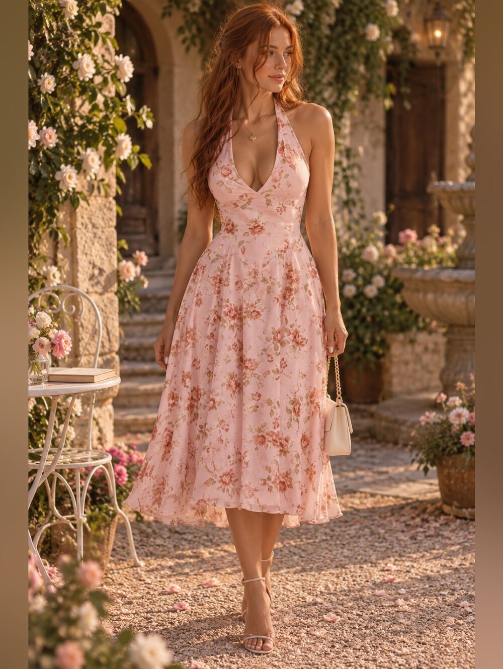 NWOT House Of Cb Solada english vintage rose Wedding Guest halter sundress Small